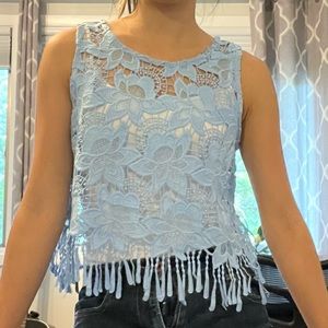 Forever 21 M Blue Floral Lace Embroidered Sheer See Through Tank Top with Fringe